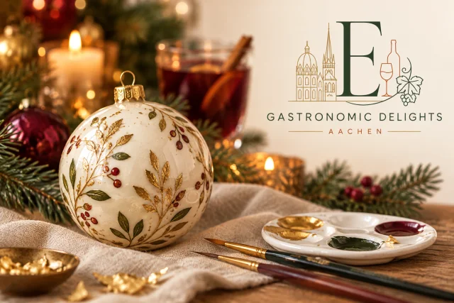 Handbemalte Christbaumkugel mit Gastronomic-Delights-Logo im warmen Weihnachtslicht
